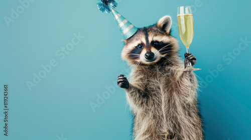 Wallpaper Mural Celebration, birthday, silvester raccoon with celebration hat and champagner glass isolated on pastell blue background texture card Torontodigital.ca