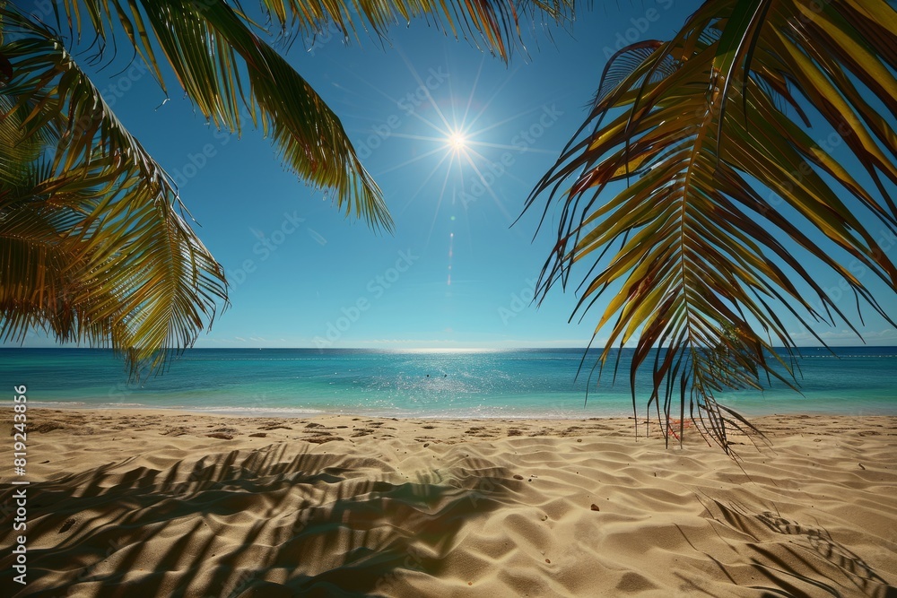 A vibrant summer scene with palm trees in the foreground and a sandy beach leading to crystal-clear turquoise waters