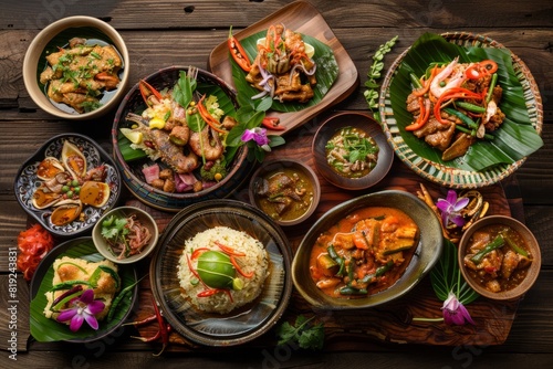 A wooden dining table covered with a colorful array of traditional Thai dishes, showcasing a variety of flavors and textures