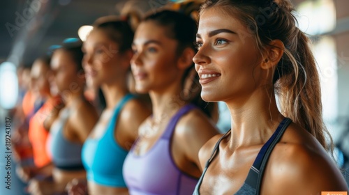 Group of women in a fitness class smiling photo