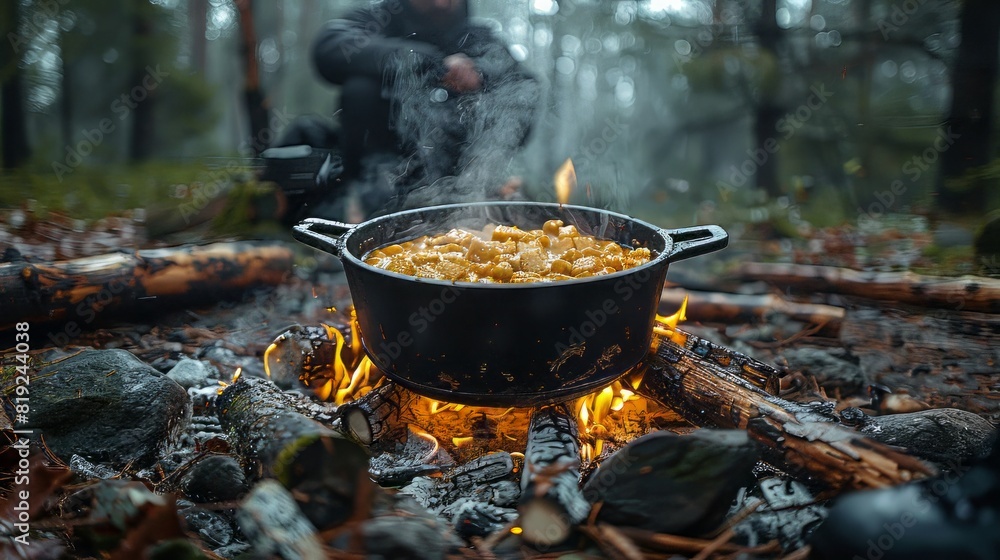 Black large tourist pot hangs over burning flame of campfire in the forest. Black large tourist pot hangs over burning flame of campfire in the forest.