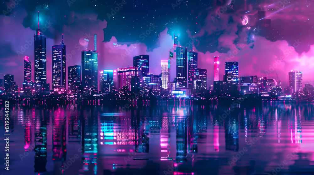 A beautiful landscape of a cyberpunk city at night. The city is full of tall buildings and bright lights. The sky is dark and cloudy.