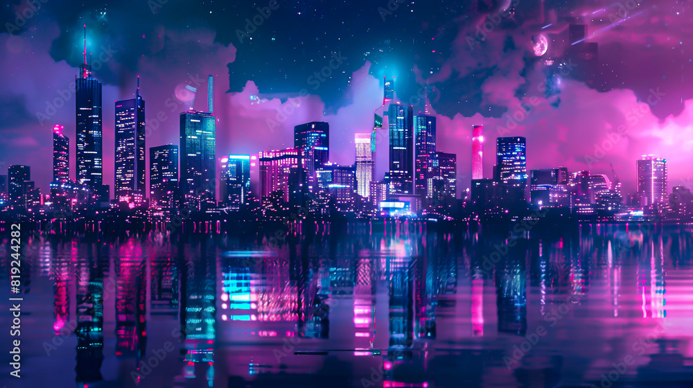 Obraz premium A beautiful landscape of a cyberpunk city at night. The city is full of tall buildings and bright lights. The sky is dark and cloudy.