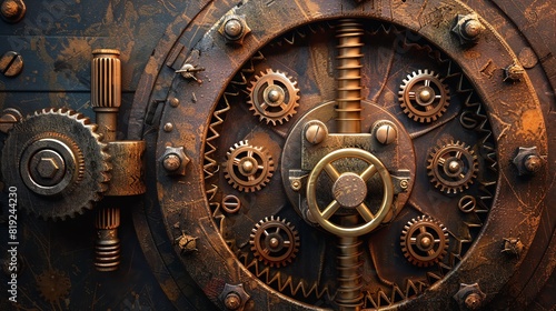 Close-up of intricate vintage gears and machinery in a steampunk style. Rusty cogs, gears, and mechanical parts creating a detailed industrial look.