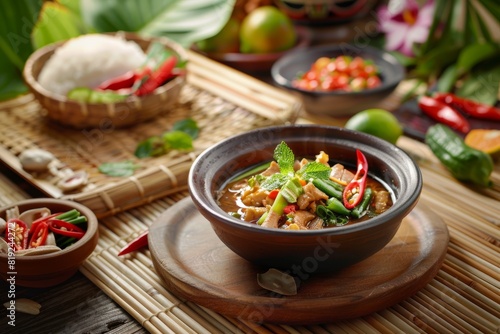 A bowl of Thai culinary delights sits on a rustic wooden table setting