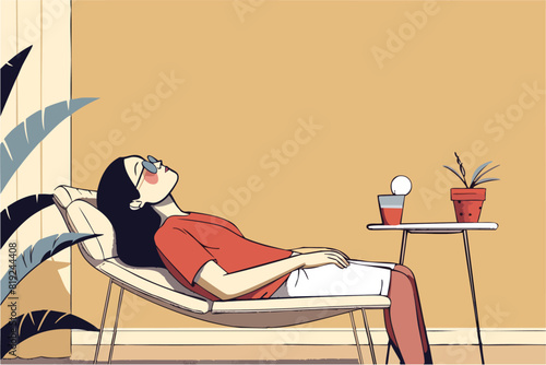 A relaxed woman is lying on a chair in a room.