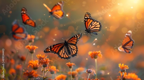 Monarch butterflies in flight at sunset