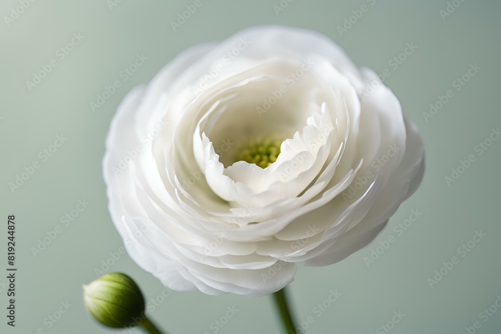 A close-up photo of a white Ranunculus with blurred background , White flower background A close-up photo of a white Ranunculus with blurred background , White flower background
