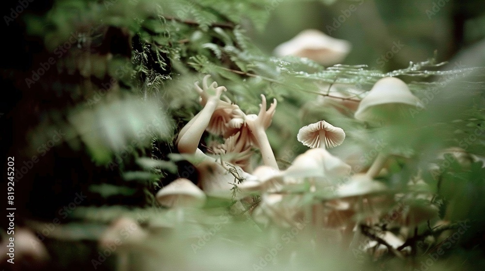 A zoomed-in image of a cluster of mushrooms sprouting from a tree, with a human hand stretching towards them in the foreground A zoomed-in image of a cluster of mushrooms sprouting from a tree, with a human hand stretching towards them in the foreground