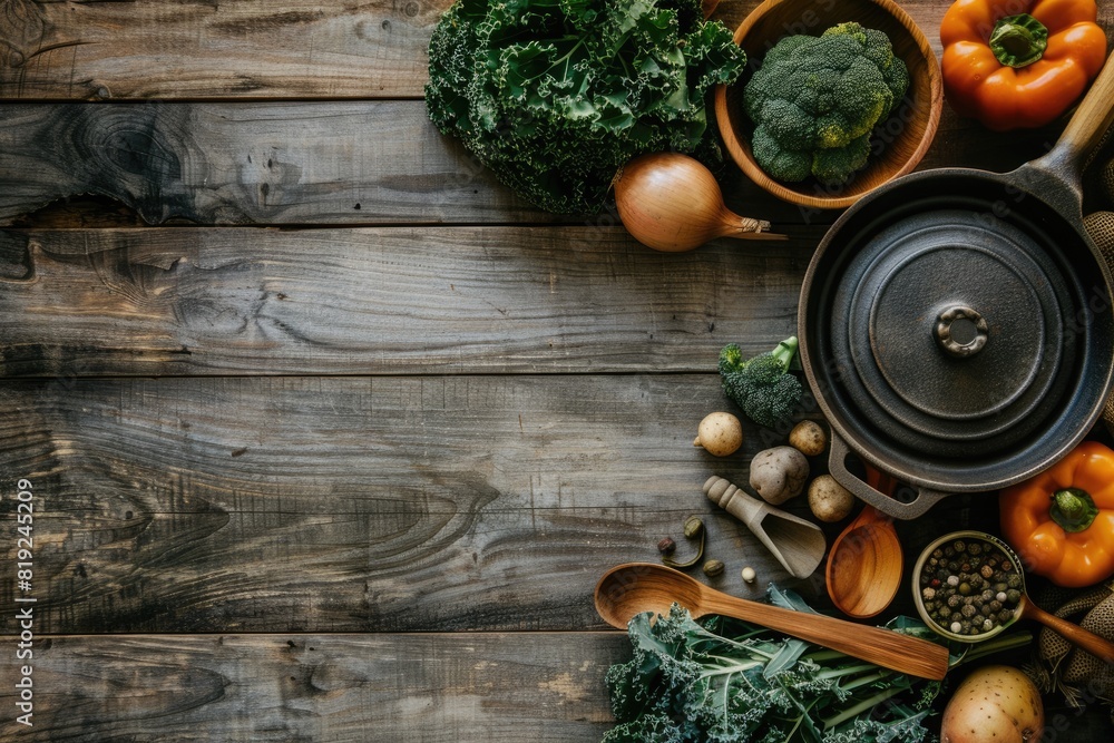 Autumn Healthy Food. Cooking with Organic Vegetables in Empty Iron Pot on Wooden Background