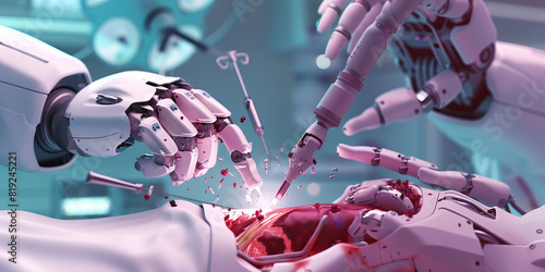 A robotic surgeon skillfully repairs a complicated internal injury using state-of-the-art robotics and precision medicine.