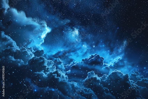 Night Sky Clouds. Blue Universe Landscape with Stars and Light