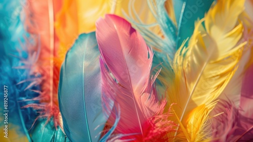 Multi-colored feathers decorate celebrations and holidays, light background. photo