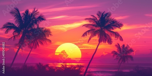 Twilight Oasis  Purple and Orange Sunset with Palm Trees in Silhouette