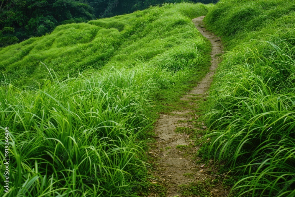 Grass Path. Central Walking Way in Green Nature Park Background Grass Path. Central Walking Way in Green Nature Park Background
