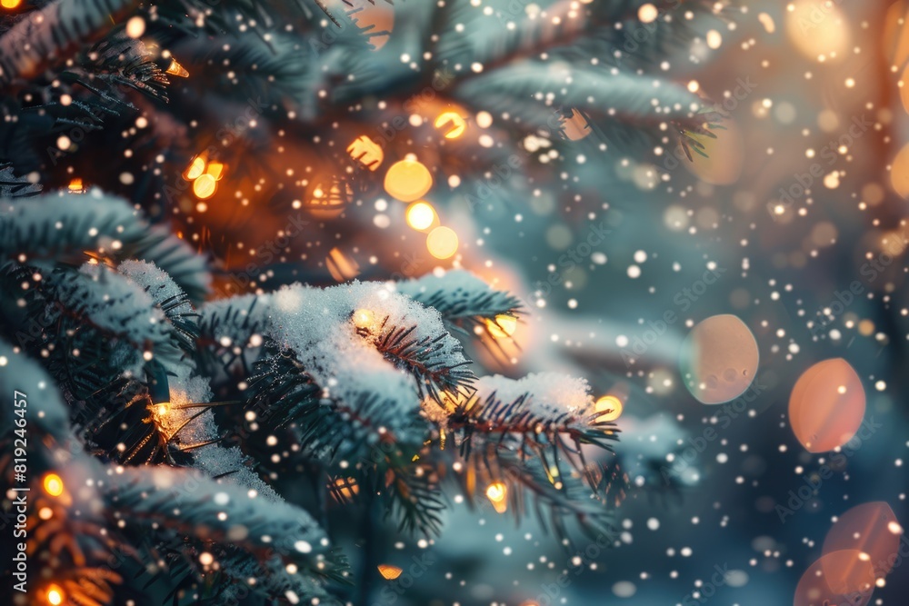 Christmas Lights Snow. Outdoor Christmas Tree with Snowfall and Bokeh Lights for Holiday and Winter Christmas Lights Snow. Outdoor Christmas Tree with Snowfall and Bokeh Lights for Holiday and Winter
