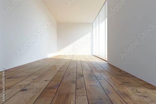 Floor Wood. Empty White Room Interior with Wooden Oak Floor and Wall