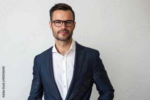 Businessman on White Background. Confident Male Guy Smiling in Glasses, Hands on Waist photo