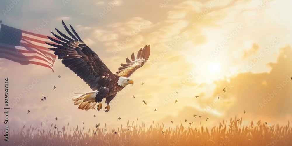 Fototapeta premium National symbol of the USA, Eagle With American Flag Flies In Freedom, American Flag Celebrations, Memorial Day