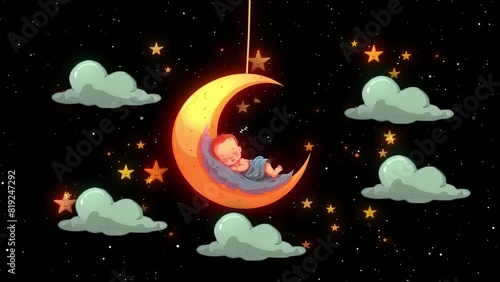 Cute Little Baby Sleeping On The Moon And Hanging . Cute Baby Dreaming Concept Cartoon Children Animation, Beautiful Cute Baby  Sleeping On Moon And Clouds Are Moving In The Sky Cartoon 2d Animation