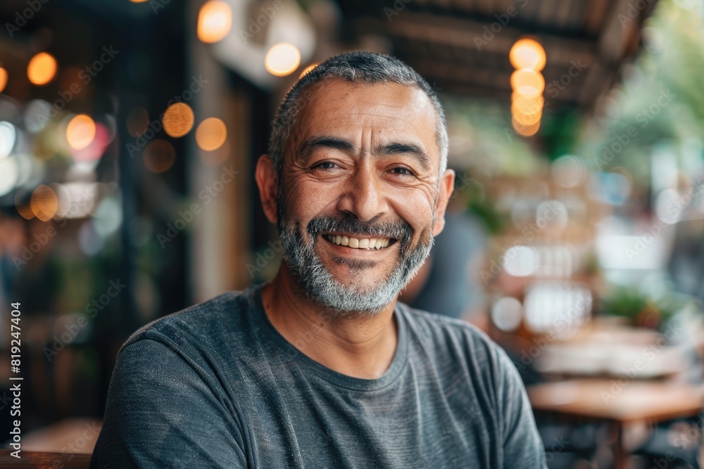 Hispanic Adult Portrait: Smiling Mature Man with Confident Expression Looking at Camera Outdoors Hispanic Adult Portrait: Smiling Mature Man with Confident Expression Looking at Camera Outdoors
