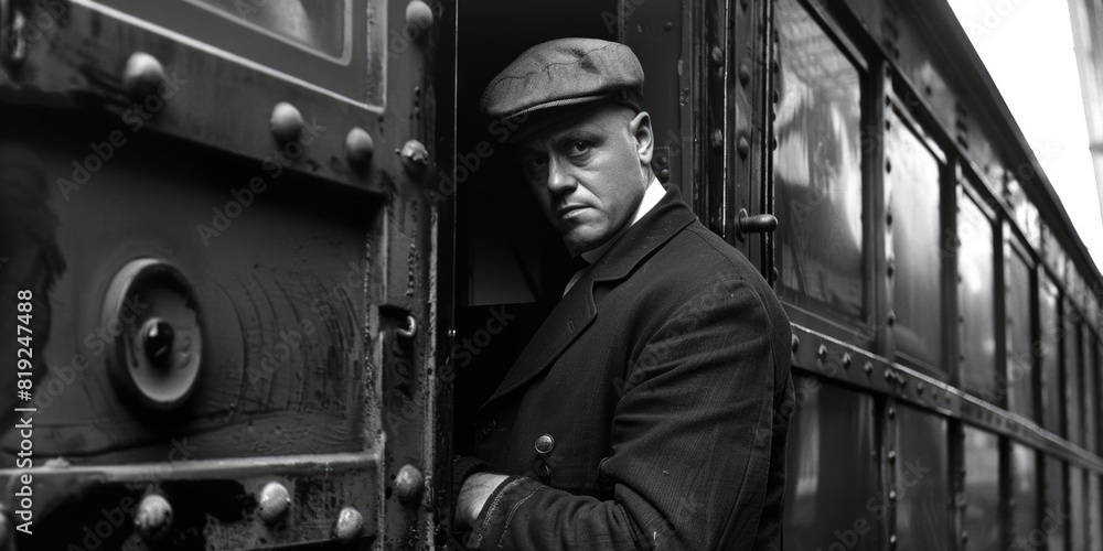 A black and white photo of a man leaning on a train. Suitable for transportation themes A black and white photo of a man leaning on a train. Suitable for transportation themes