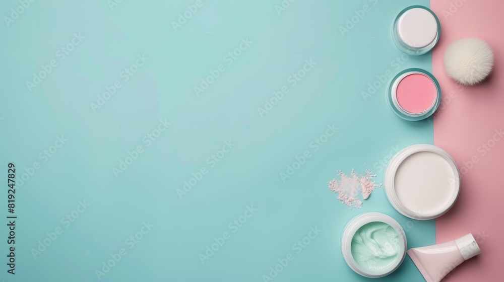 Assortment of skincare products on a blue and pink background. Flat lay composition with copy space for beauty and cosmetic design