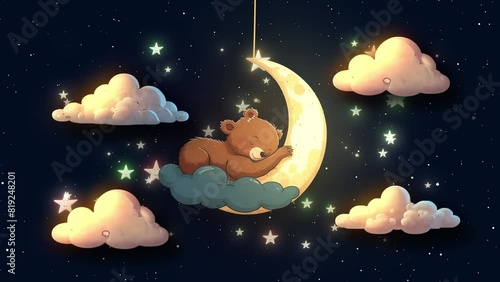  Cute Animals Baby Bear Dreaming And Sleeping At Stray Nights Glowing Stars And Clouds Moving On Black Sky, Baby Bear Sleeping On Moon On Dark Black Sky.  Cartoon Animation Kids Background. Cute Anima photo