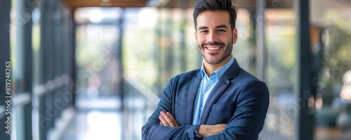 Smiling businessman with crossed arms in modern office. Business confidence and professionalism concept