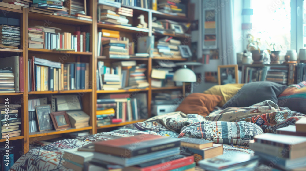 Room with numerous books next to window Room with numerous books next to window