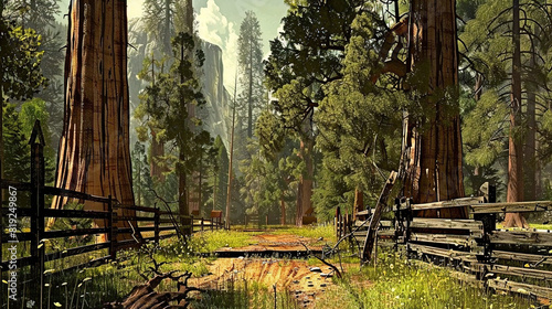   A forest painting featuring numerous tall trees  a dirt road  and a wooden fence with a mountain in the distance
