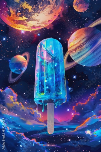 A blue Popsicle, colorful stars and planets in the sky, in the style of anime, colorful cartoon, colorful background, in the style of colorful ink painting, colorful colors 