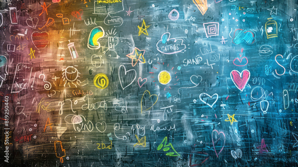 Obraz premium A chalkboard covered in various drawings and sketches