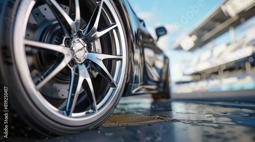 Close up of a car tire on a wet surface, suitable for automotive industry