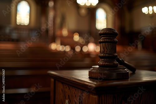 A judges gavel sits on a wooden table in a dimly lit courtroom setting