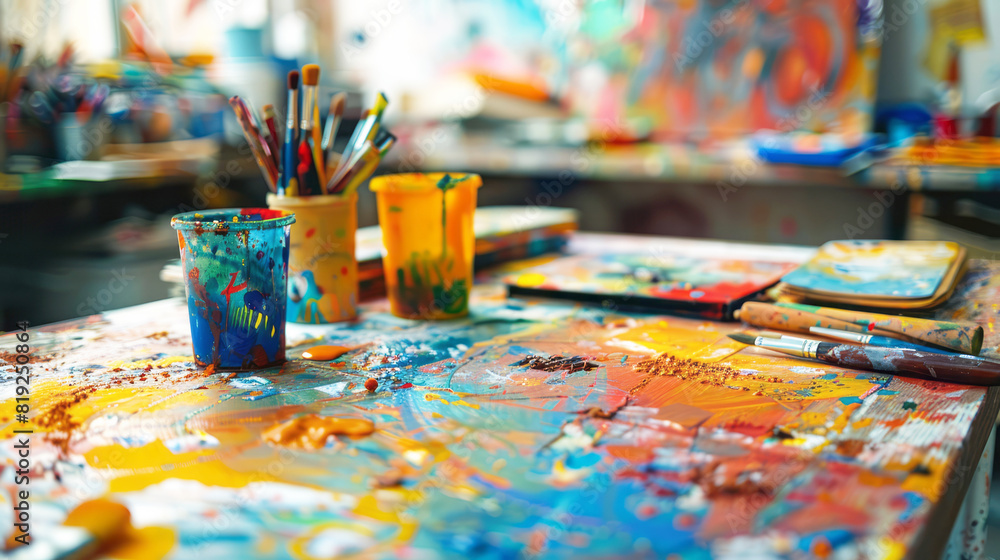 A cluttered table is covered with various paint colors and an assortment of paintbrushes A cluttered table is covered with various paint colors and an assortment of paintbrushes