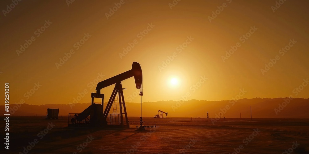  Oil field and gas industry Oil Drill field pump jack exploration, industry at sunset, Silhouette of an oil pump in the desert