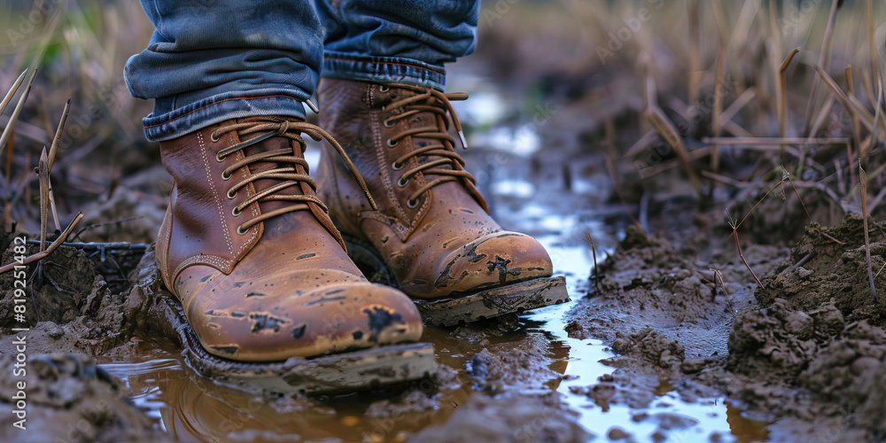 A pair of worn brown leather boots trudge through a muddy field, the owner's determination clear on their weathered surface. A pair of worn brown leather boots trudge through a muddy field, the owner's determination clear on their weathered surface.