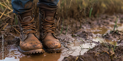 Determined Hikers' Trudge Through Muddy Fields: Worn Brown Leather Boots Leave Their Mark