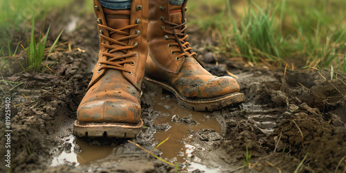 A pair of worn brown leather boots trudge through a muddy field, the owner's determination clear on their weathered surface.