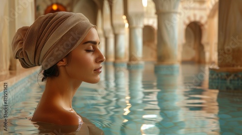 A woman is seen from behind enjoying a luxurious soak in an ornate  tiled swimming spa  evoking relaxation and self-care