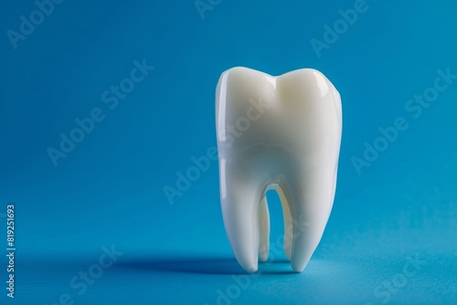 A close-up shot of a single tooth model displayed against a vivid blue background  showcasing its intricate structure