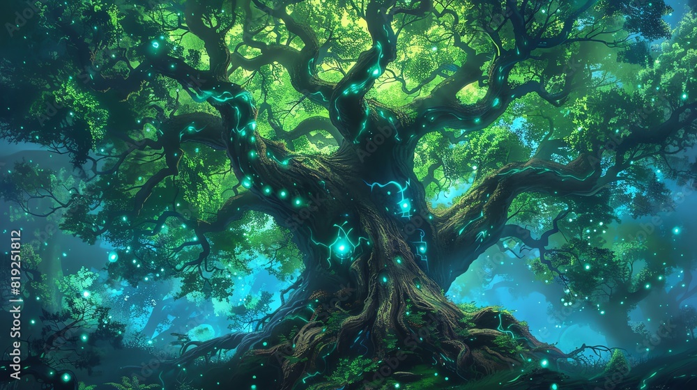 Mosscovered ancient tree with glowing runes, Fantasy, Greens and blues, Digital painting Mosscovered ancient tree with glowing runes, Fantasy, Greens and blues, Digital painting