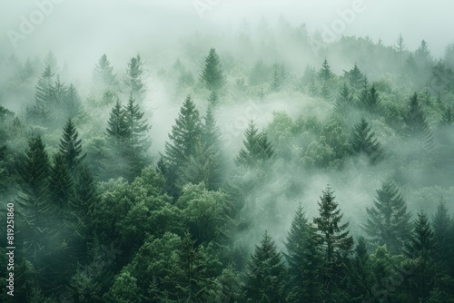 A dense forest filled with numerous trees covered in thick fog, creating a mystical and eerie atmosphere