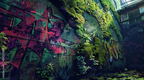 Mossy wall with graffiti  Urban  Greens and bright colors  Digital painting