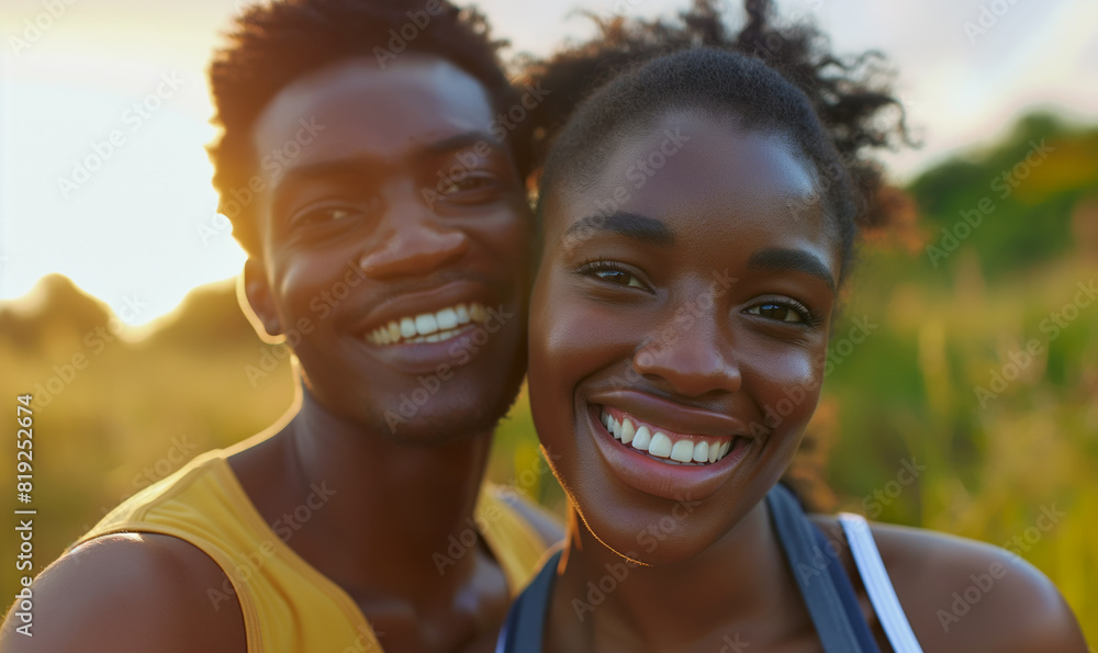 A young and happy African American couple takes a selfie. Couple in love at sunset. A young and happy African American couple takes a selfie. Couple in love at sunset.