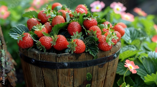   A wooden bucket holds a bushel of strawberries surrounded by other strawberry bushels in a garden photo