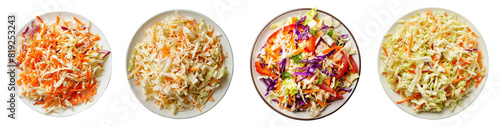 Collection of coleslaw on plates, cut out, isolated on transparent background, top view. photo