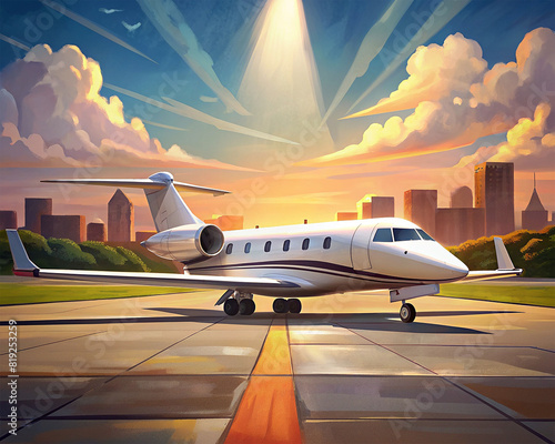 Private jet over breathtaking scenery Luxurious private jet flying above the clouds Clear blue skies and snow-capped mountain landscapes provide a stunning backdrop for this luxurious and powerful 
