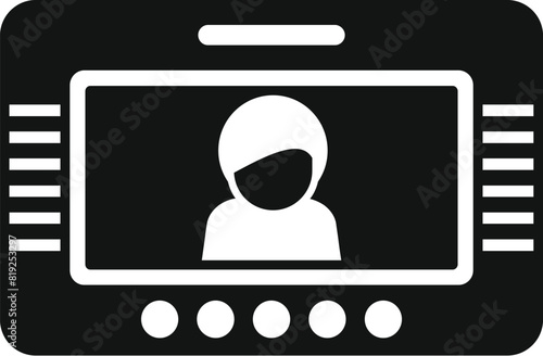 Black and white icon featuring a stylized avatar on an electronic device screen, suitable for user interface design